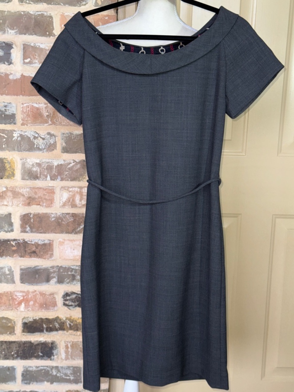 Tory Burch Gray Wool Blend Sheath Dress Chain Print Silk Lined Elegant Neckline - Picture 12 of 15